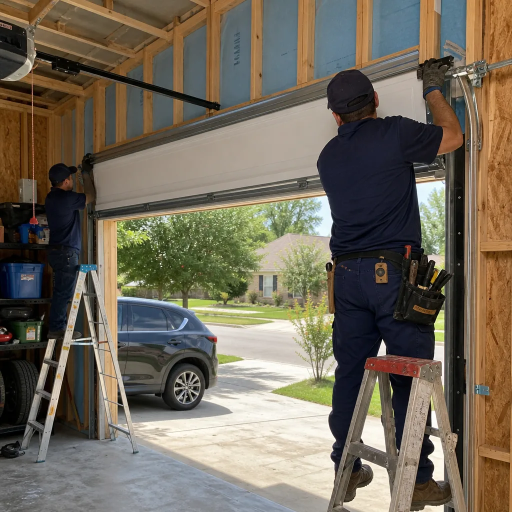 Two professional technicians installing a new residential garage door on ladders.