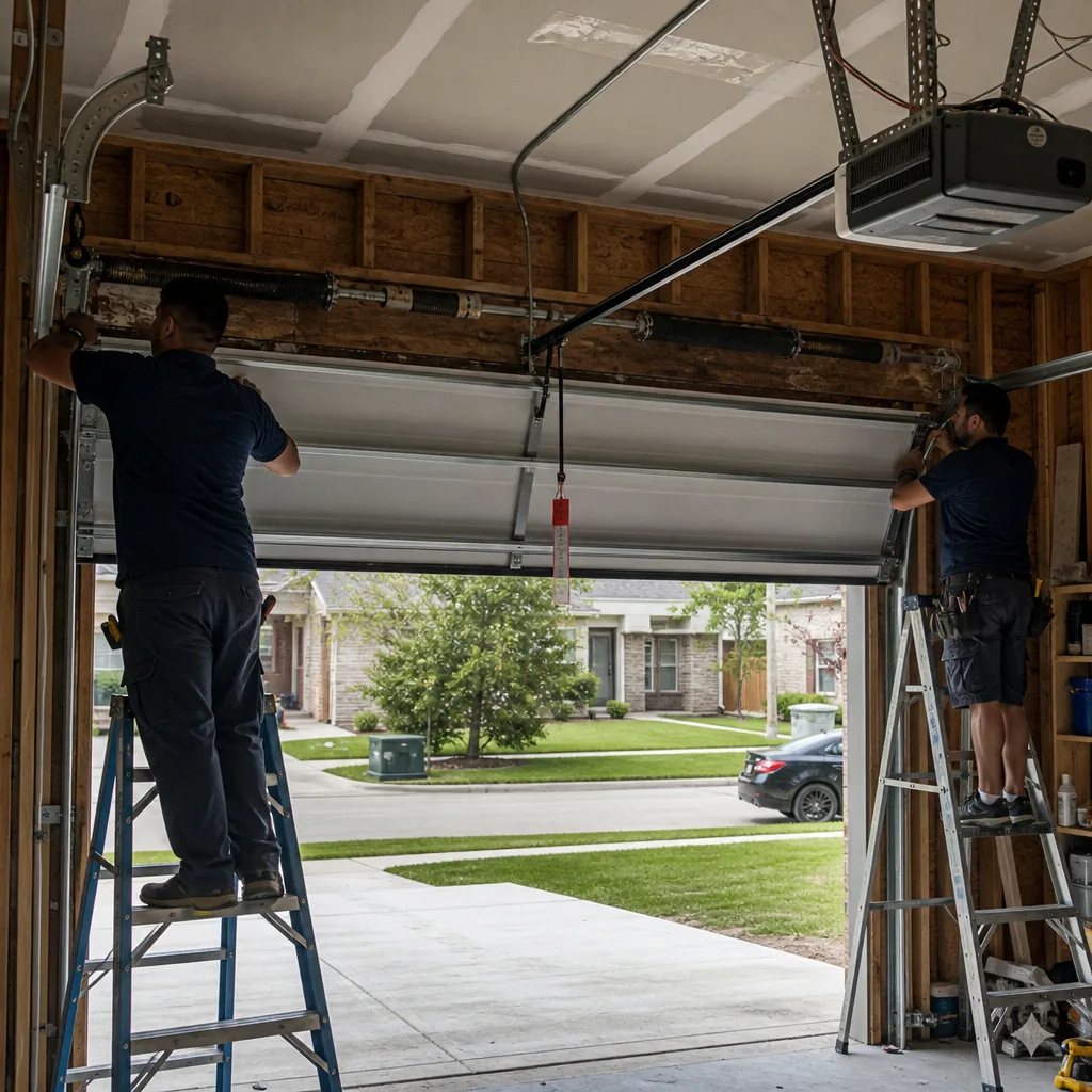 Two professional technicians installing a residential garage door