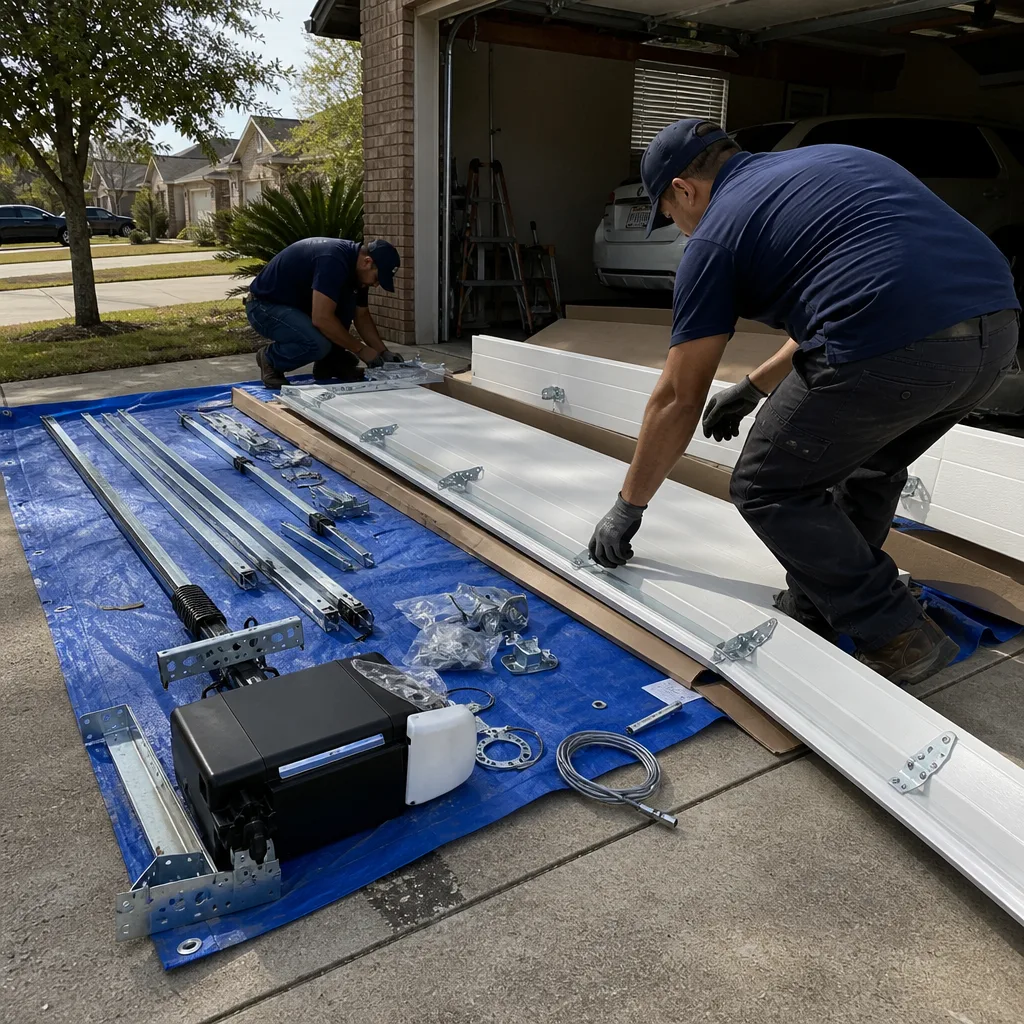 Professional technicians performing garage door installation and assembly