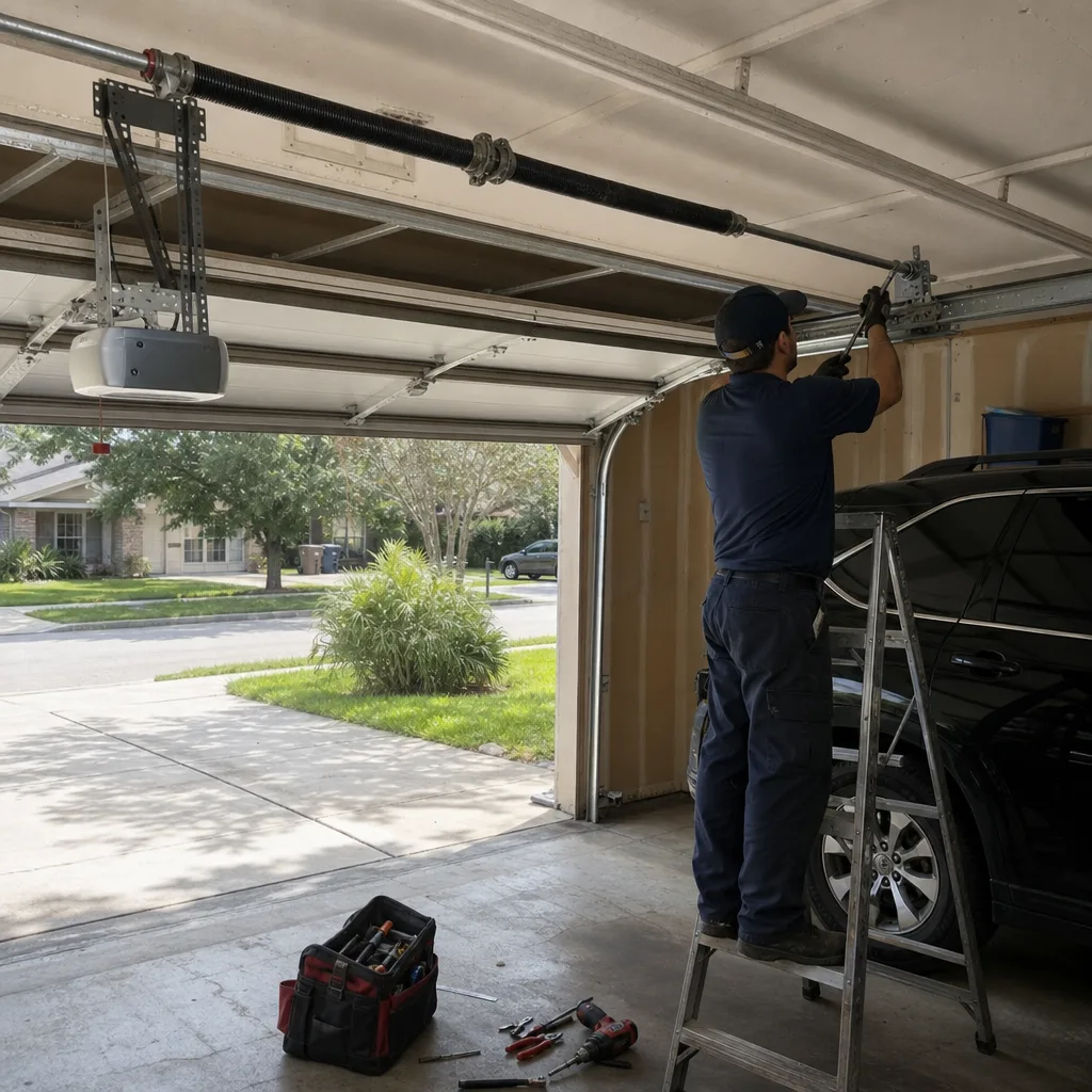 Technician performing garage door opener repair in a residential garage