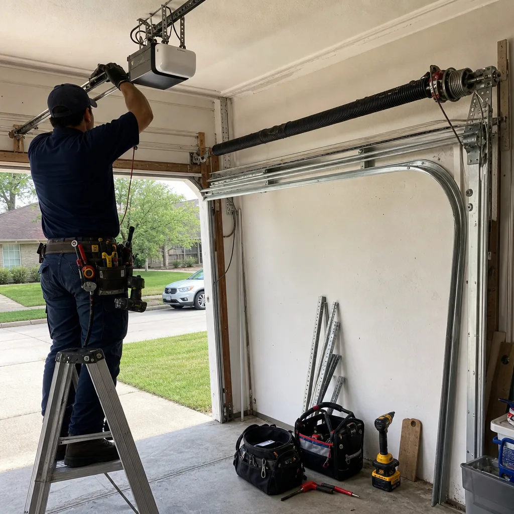 Technician performing professional garage door opener maintenance and repair