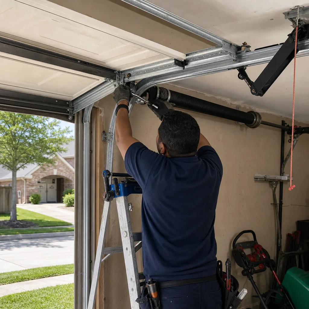 Technician performing professional garage door opener repair on a residential door