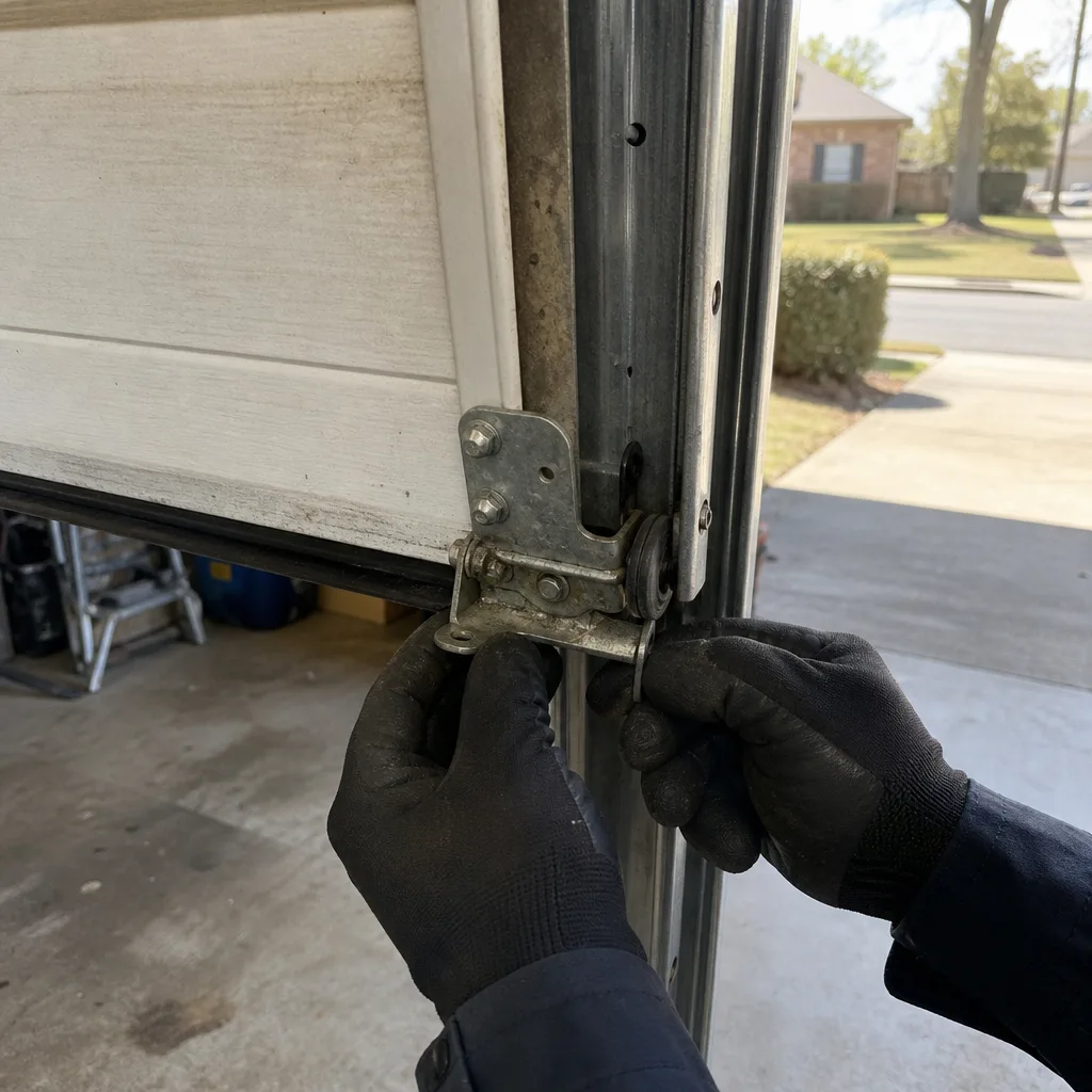 Technician performing professional garage door hinge and roller maintenance