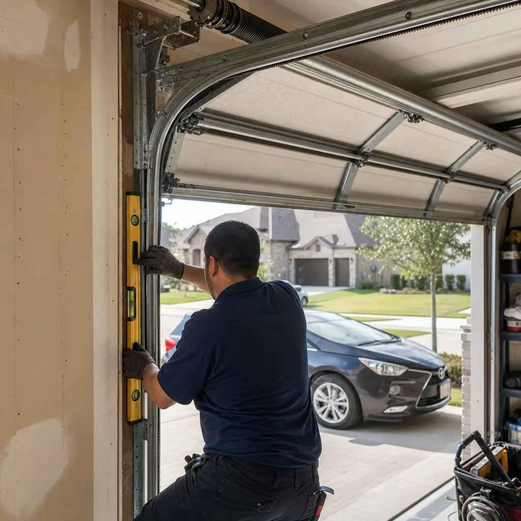 Technician checking garage door track alignment with a level tool