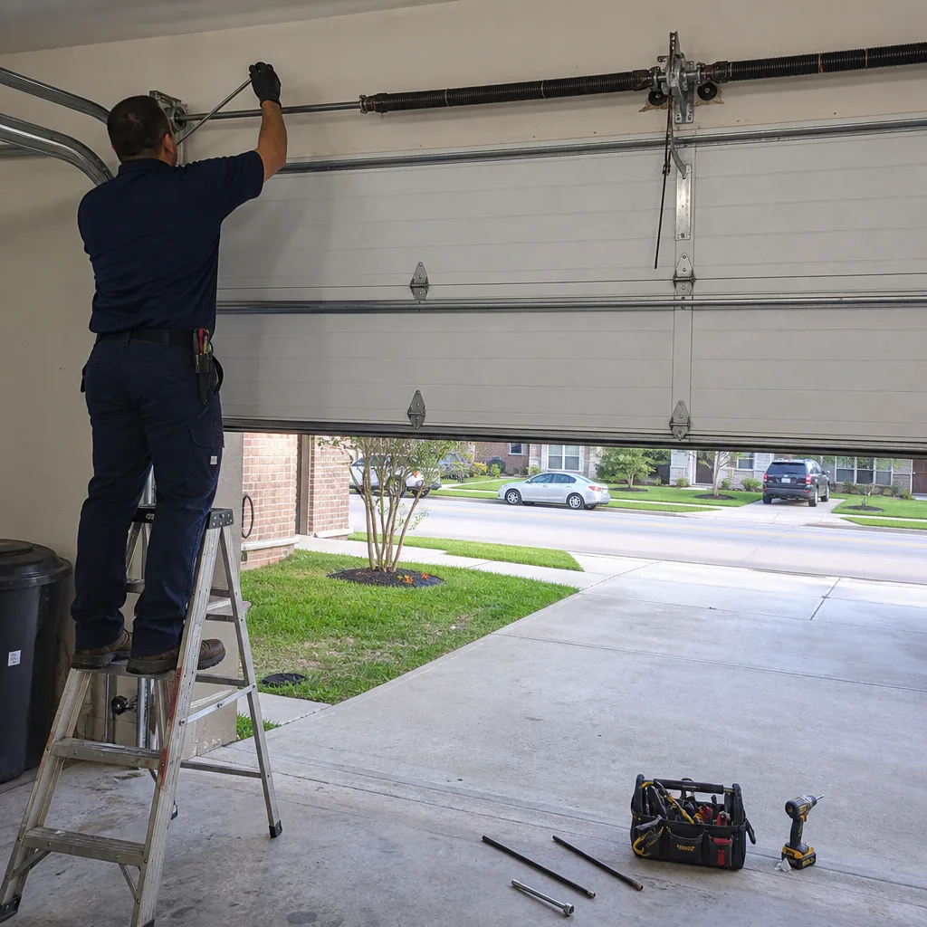 Professional technician repairing a garage door torsion spring on a ladder